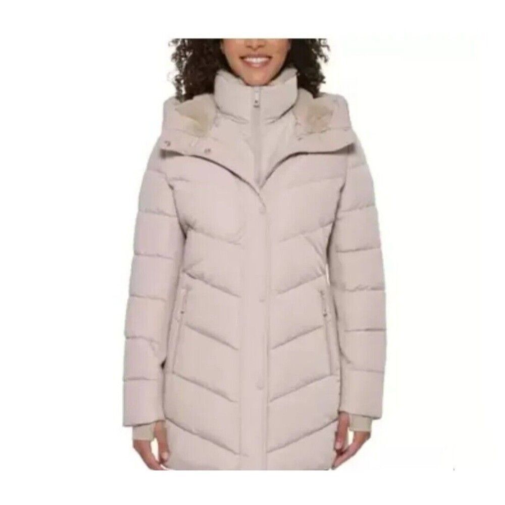 Andrew Marc Women's XL Beige Mixed Media Walker Jacket Puffer Coat Faux Fur Trim - Picture 2 of 6